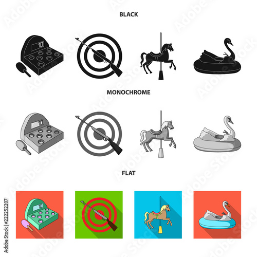 A game with a bat, a target with a gun, a horse on a carousel, a swan attraction. Amusement park set collection icons in black, flat, monochrome style vector symbol stock illustration web.