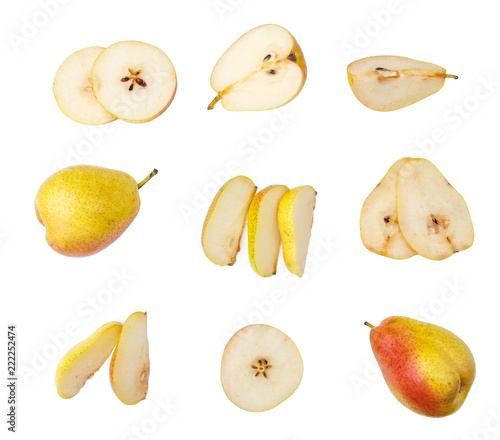 ripe red yellow pear fruits isolated on white background. Top view.