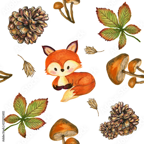 Watercolor gouache vintage  autumn and fall seasons seamless pattern set of leaves, branches, bird, fox, mushroom and pumpkins photo