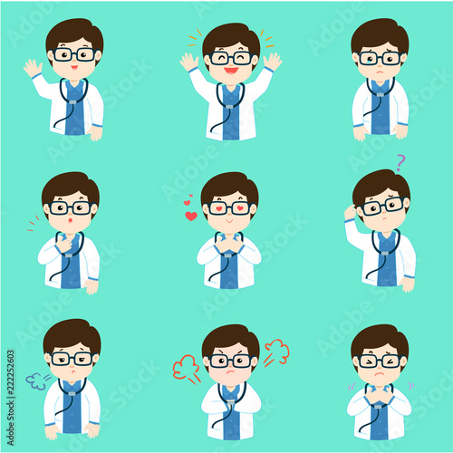 Doctor with different emotions cartoon.