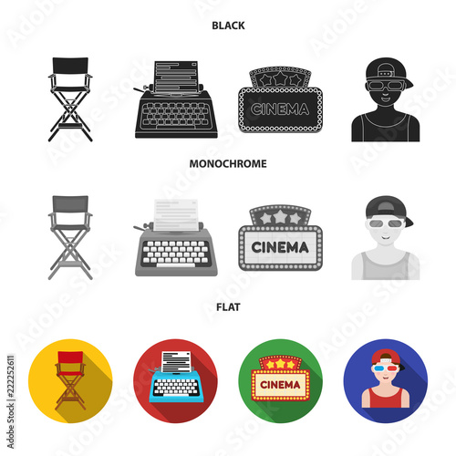 Chair of the director, typewriter, cinematographic signboard, film-man. Films and cinema set collection icons in black, flat, monochrome style vector symbol stock illustration web.