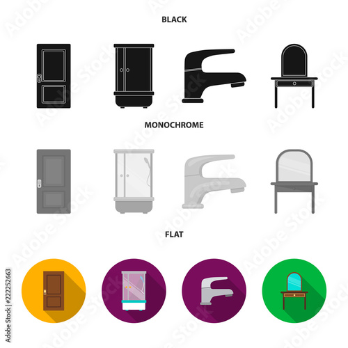 Door, shower cubicle, mirror with drawers, faucet.Furniture set collection icons in black, flat, monochrome style vector symbol stock illustration web.