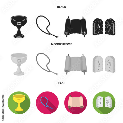A cup of wine, Islamic beads, ten commandments, tanakh. Religion set collection icons in black, flat, monochrome style vector symbol stock illustration web.