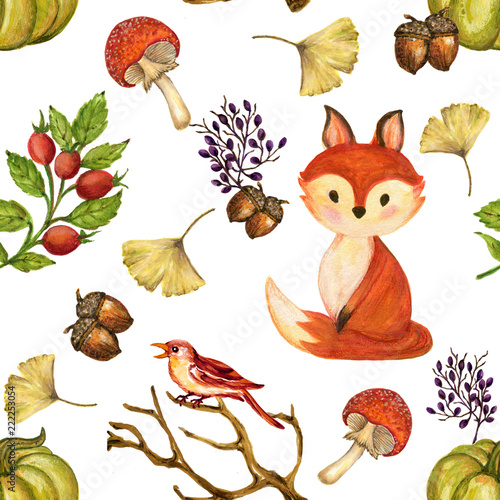 Watercolor gouache vintage  autumn and fall seasons seamless pattern set of leaves, branches, bird, fox, mushroom and pumpkins photo