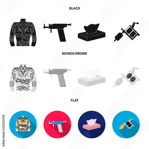 Body tattoo, piercing machine, napkins. Tattoo set collection icons in black, flat, monochrome style vector symbol stock illustration web.