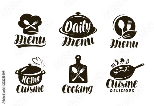 Cuisine, cooking logo or label. Set of badges for restaurant menu design. Vector lettering