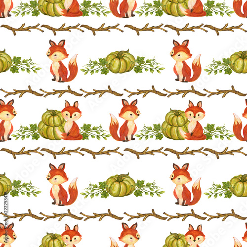 Watercolor gouache vintage  autumn and fall seasons seamless pattern set of leaves, branches, bird, fox, mushroom and pumpkins photo