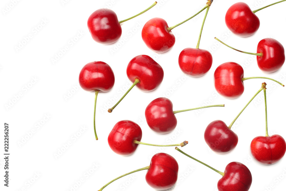 red cherry isolated on white background. Top view red cherry isolated on white background. Top view