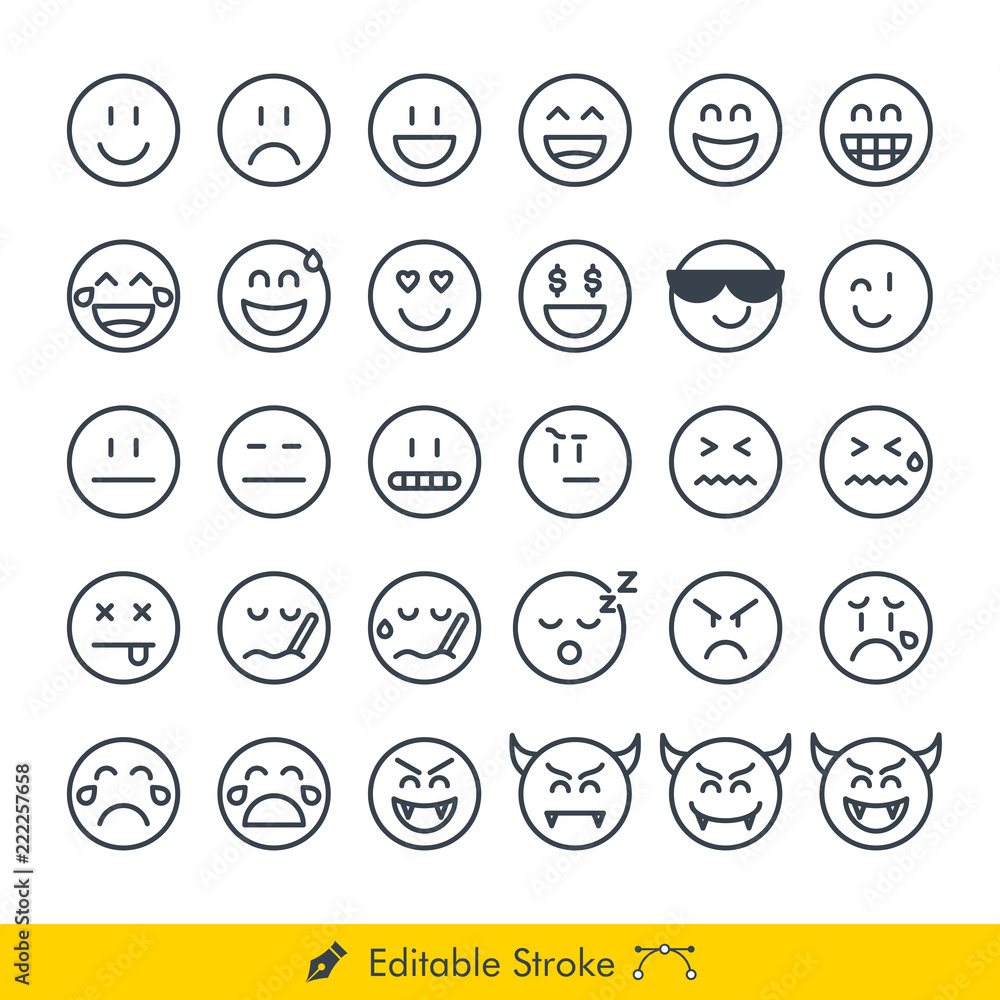 Vetor do Stock: Emoji (Emoticon) Icons / Vectors Set - In Line / Stroke  Design | Contains Such happy, smile, laugh, cool, cry, sad, devil, sick,  grumpy, sleep, flat face, straight face,