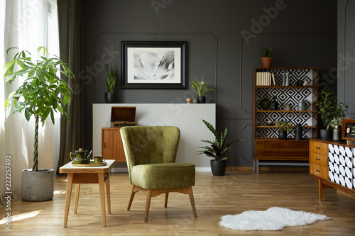 Green armchair standing in real photo of living room interior with retro cupboards, fresh plants, white rug and end table with tea set