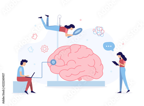 The team of specialists examining the issues of brain. Mental health concept. Flat vector illustration.