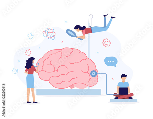 A team of specialists helps with brain problems. Mental health concept. Flat vector illustration.