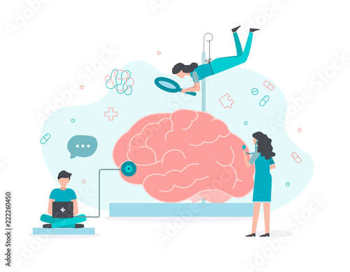 Mental health concept. A team of doctors is diagnosing the brain. Mental health concept. Flat vector illustration.