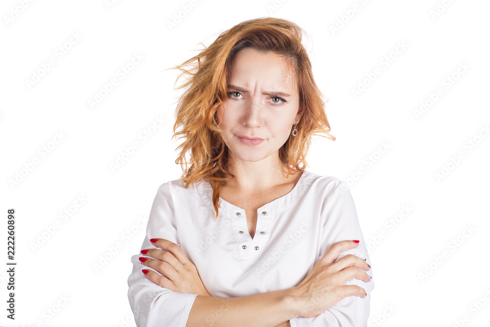Angry Annoyed Young Housewife Keeping Arms Crossed And Staring At 