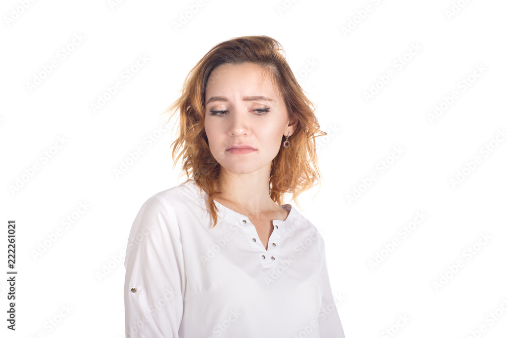 Disgusted unimpressed attractive woman with curly red hair in striped t-shirt, holding hands crossed on chest and looking with doubt and antipathy at camera, standing disappointed over white Disgusted unimpressed attractive woman with curly red hair in striped t-shirt, holding hands crossed on chest and looking with doubt and antipathy at camera, standing disappointed over white