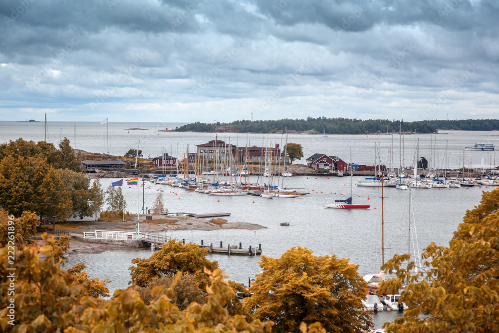 Beautiful city and sea landscape, Helsinki, view of the sea and the port with fakes in the autumn period