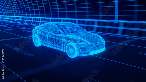 Blue wireframe Modern Electric car rides through Blue tunnel 3d rendering