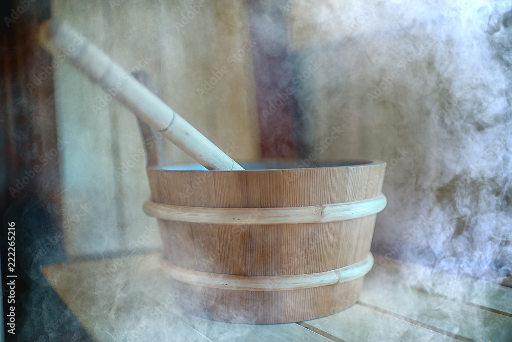 sauna accessories / spa concept, sauna relaxation, hot sauna accessories, steam, bucket, heat sauna accessories / spa concept, sauna relaxation, hot sauna accessories, steam, bucket, heat