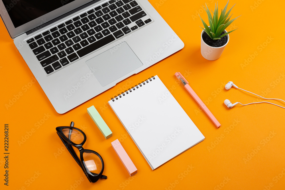 Laptop, plant, notepad and glasses Laptop, plant, notepad and glasses