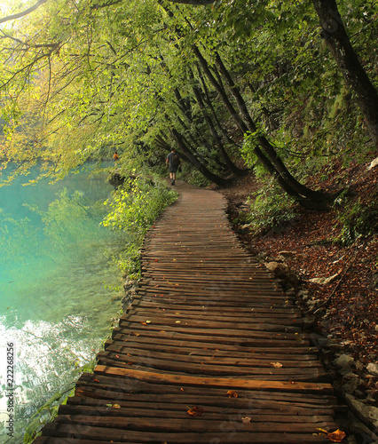 Wooden path leading along beautiful lake