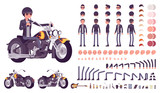 Cool rocker boy in biker leather jacket character creation set