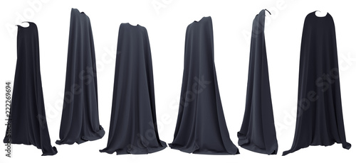 Obraz na płótnie Witch black cape hanging from shoulders set isolated on white background