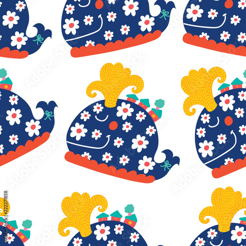 Funny whales, children's seamless pattern.