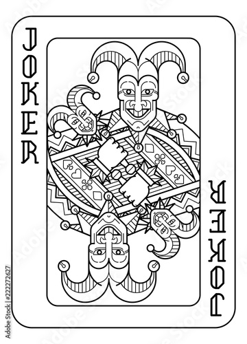 A playing card Joker in black and white from a new modern original complete full deck design. Standard poker size.