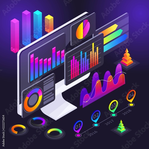 Isometry diagrams on the computer screen, holographic color charts, profit indicators, analysis, analytics, revenue growth, reports, money, fluctuations of the crypto