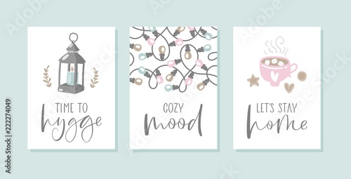 Set of Hygge or Christmas cards with hand drawn vector illustrations and handwritten modern brush lettering.