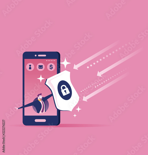Businessman out from a smart phone with a shield - Business concept vector