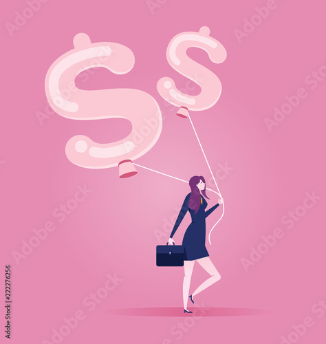 Businesswoman goes with a balloon in form of dollar - Business and finance concept.