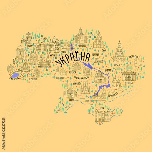 Vector map of Ukraine in hand drawn style.