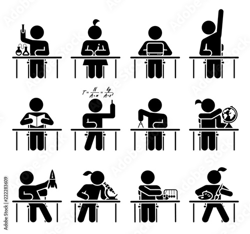 Collection of icons presenting education and different school subjects, science, art, history, geography, chemistry, maths, music, chemistry. Students in school attending classes. Pictogram icon set.