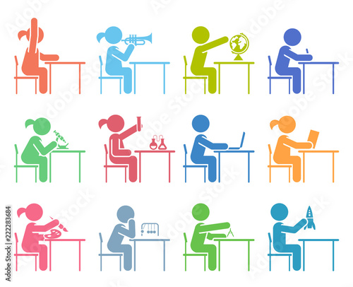 Collection of icons presenting education and different school subjects, science, art, history, geography, chemistry, maths, music, chemistry. Students in school attending classes. Pictogram icon set.