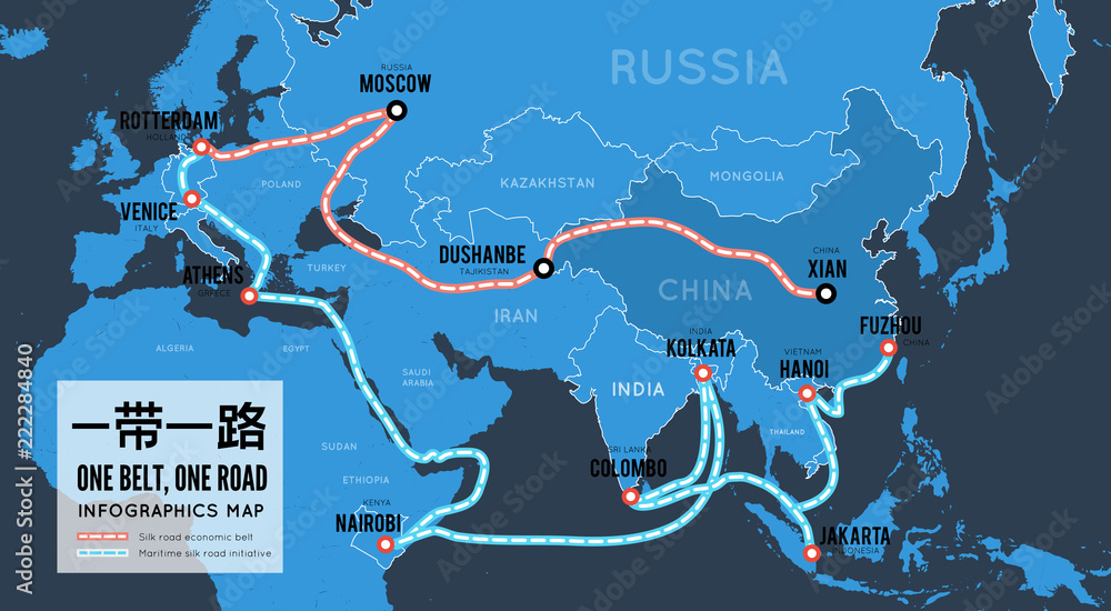 Naklejka premium One belt one road. New Chinese trade silk road. Vector map infographics