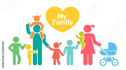 Big happy family. Children and their parents. Pictograms presenting parental love and care for children.