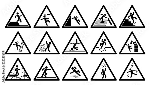 Set of safety signs. Caution signs. Collection of warning signs. Vector illustration. Signs of danger. Signs of alerts.