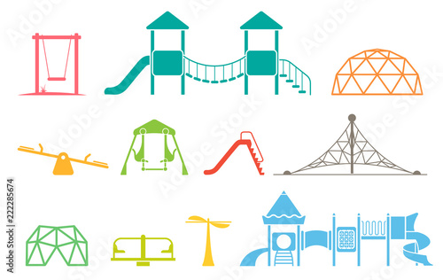 Kid playground equipment icons. Icon set with different types of elements on the playground.