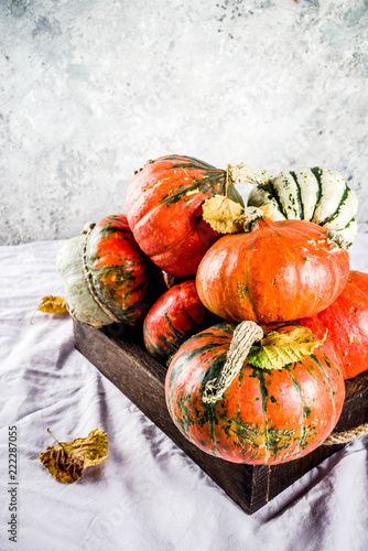 Little pumpkins on linen background