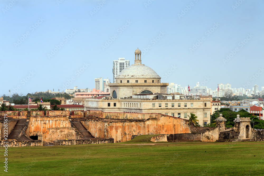 Skyline of San Juan, Puerto Rico, looking at the dome of the Capitol and fort San Cristobal