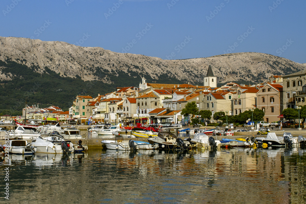 Panoramic view of Baska town. Croatia vacation. Island Krk. Adriatic coast, Croatia, Europe.