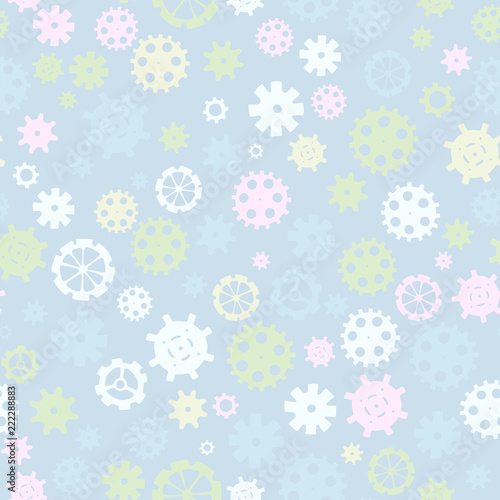 Scattered sprocket-wheels, gear silhouettes seamless pattern, pastel colors. Children's design. Seamless pattern silhouette cut gears mechanical machine parts clock gearwheel. 