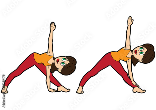 Yoga asana set triangle/ Illustration cartoon girl doing utthita trikonasana pose. Two variations