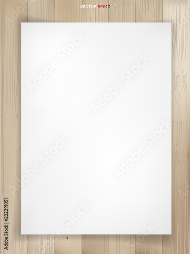 White paper sheet on wood texture for background. Vector.