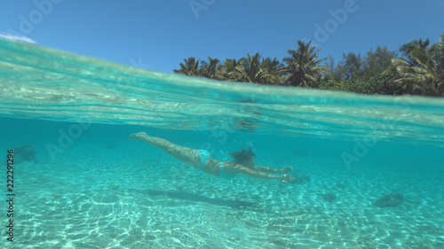 HALF UNDERWATER: Active girl on vacation dives past dark starfish on ocean floor