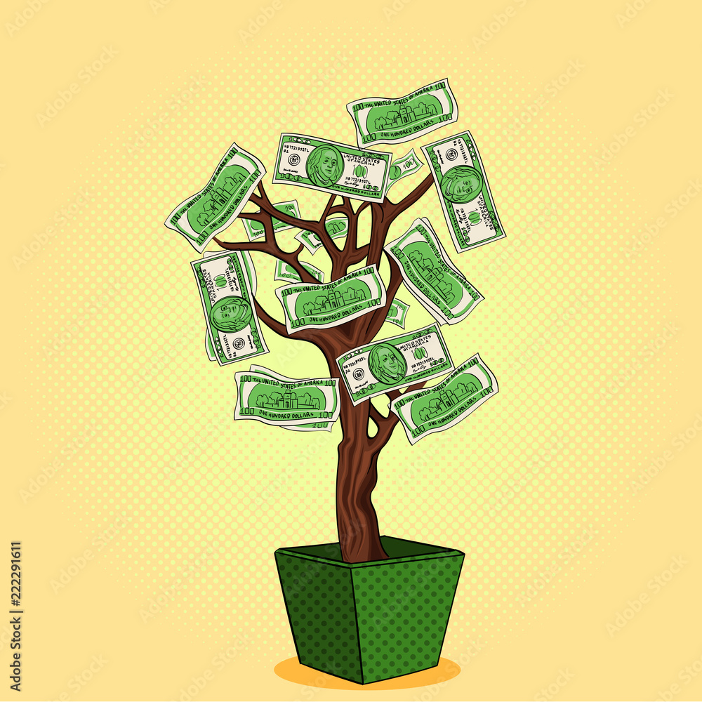 Money tree with 100 dollars. Currency on the plant. Business is growing. Pop  art object raster Stock Illustration | Adobe Stock