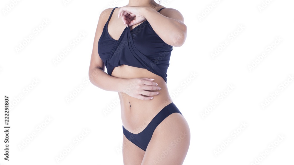 Body Care. Beautiful Woman In Shape With Fit Slim Body, Healthy Smooth Soft Skin In White Bikini Panties Body Care. Beautiful Woman In Shape With Fit Slim Body, Healthy Smooth Soft Skin In White Bikini Panties