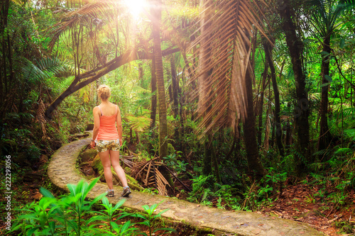 Adventurous and stunning young woman hiking in the beautiful jungle of the El Yunque national forest in Puerto Rico photo