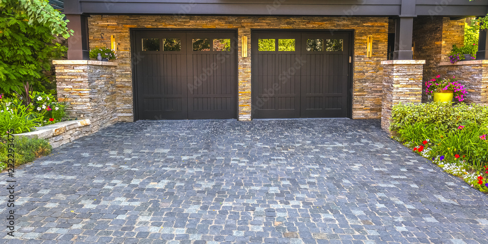 Brick stone driveway double garage doors pano - obrazy, fototapety, plakaty 